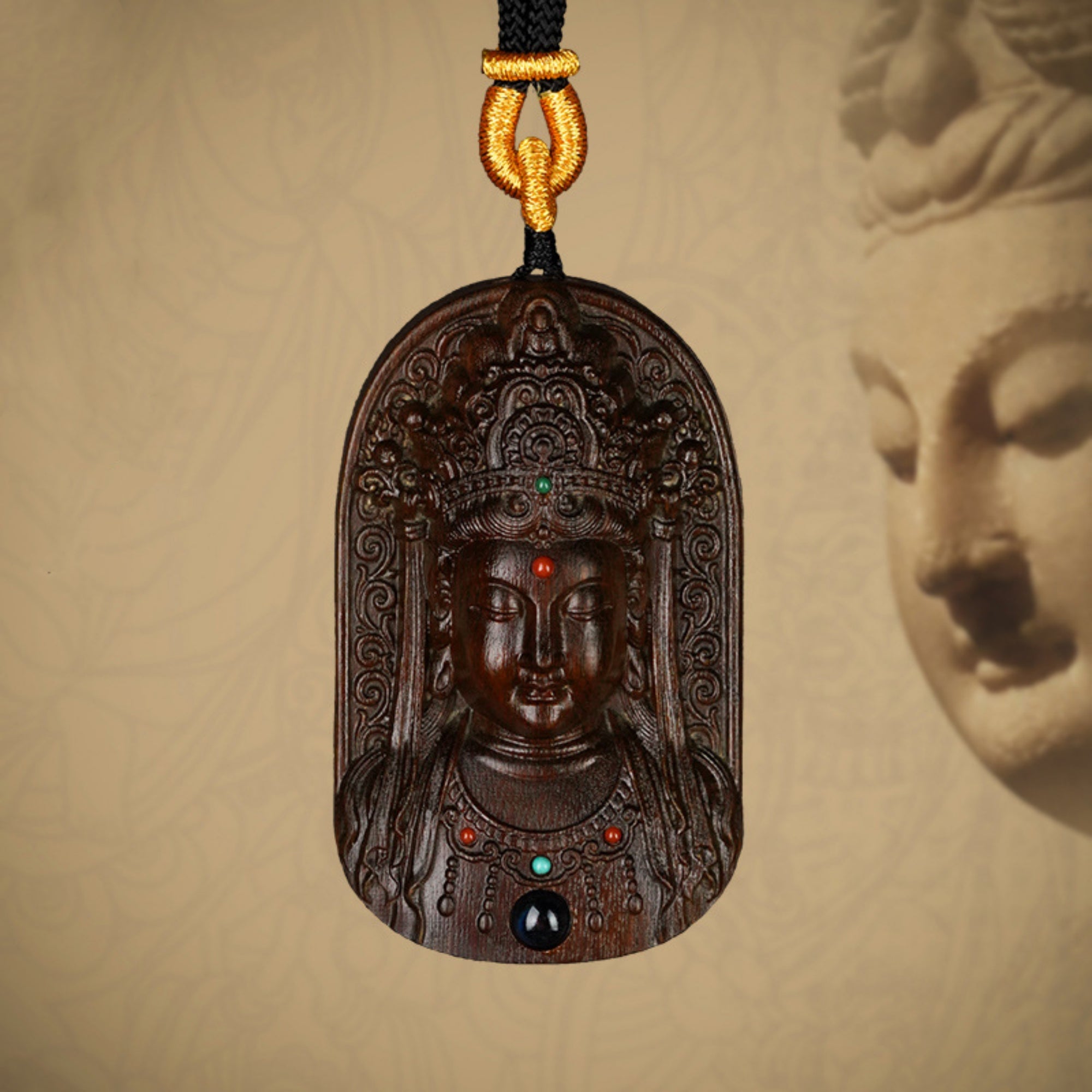 Hand-Carved Sandalwood Guanyin Buddha Pendant Amulet Necklace