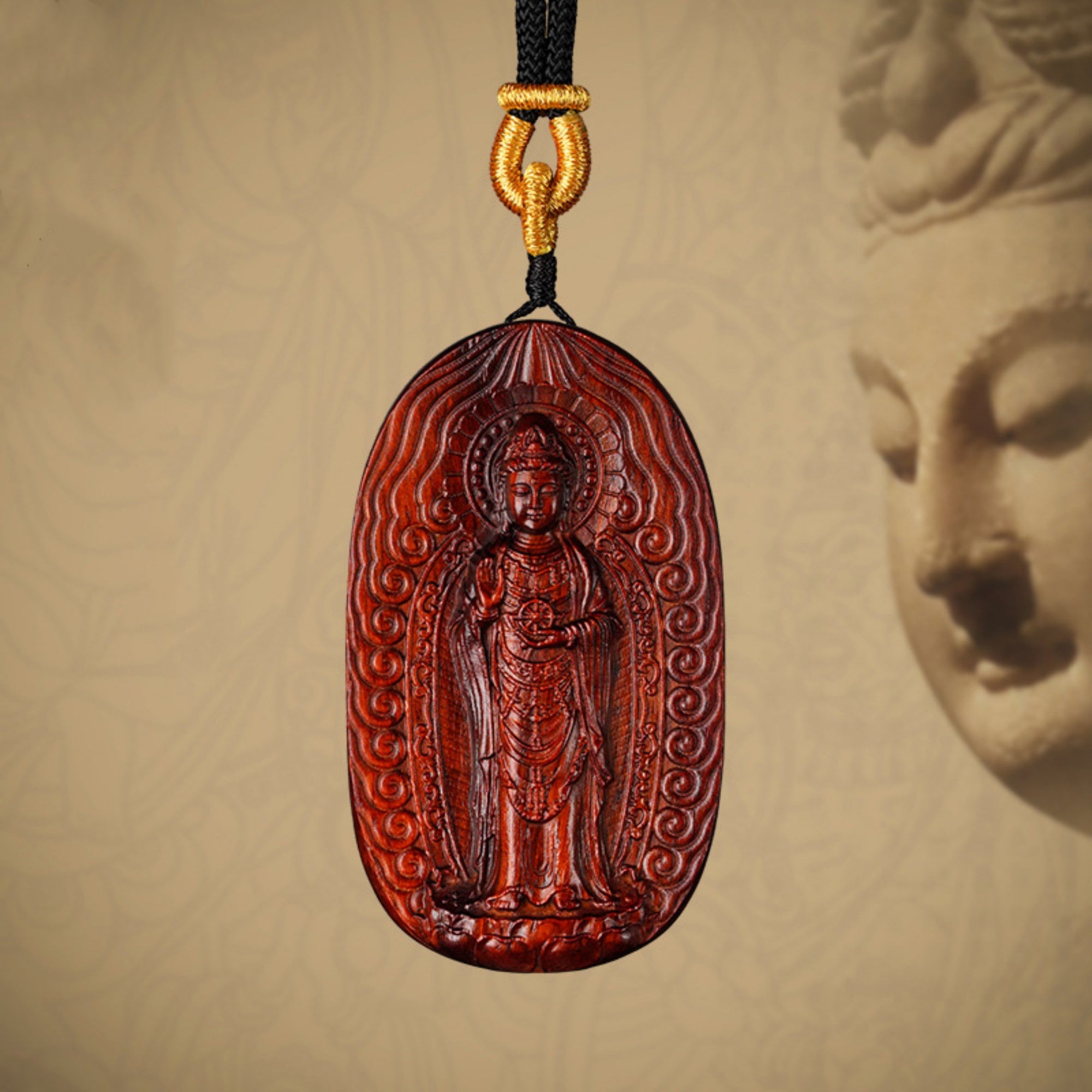 Hand-Carved Sandalwood Guanyin Pendant Amulet Necklace