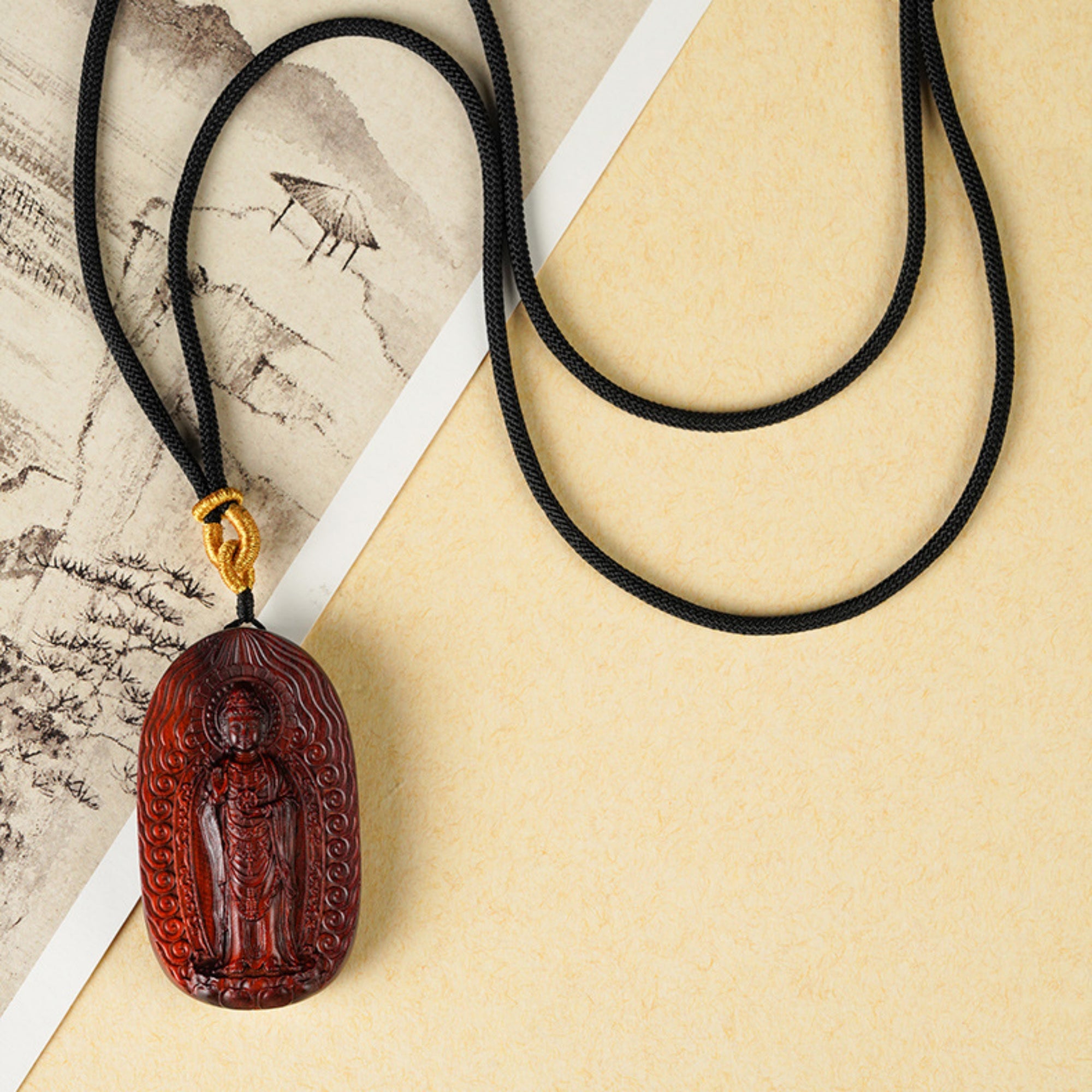 Hand-Carved Sandalwood Guanyin Pendant Amulet Necklace