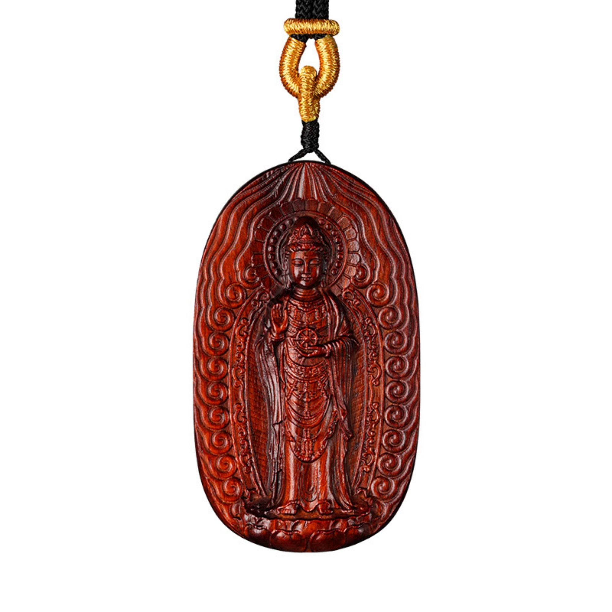 Hand-Carved Sandalwood Guanyin Pendant Amulet Necklace