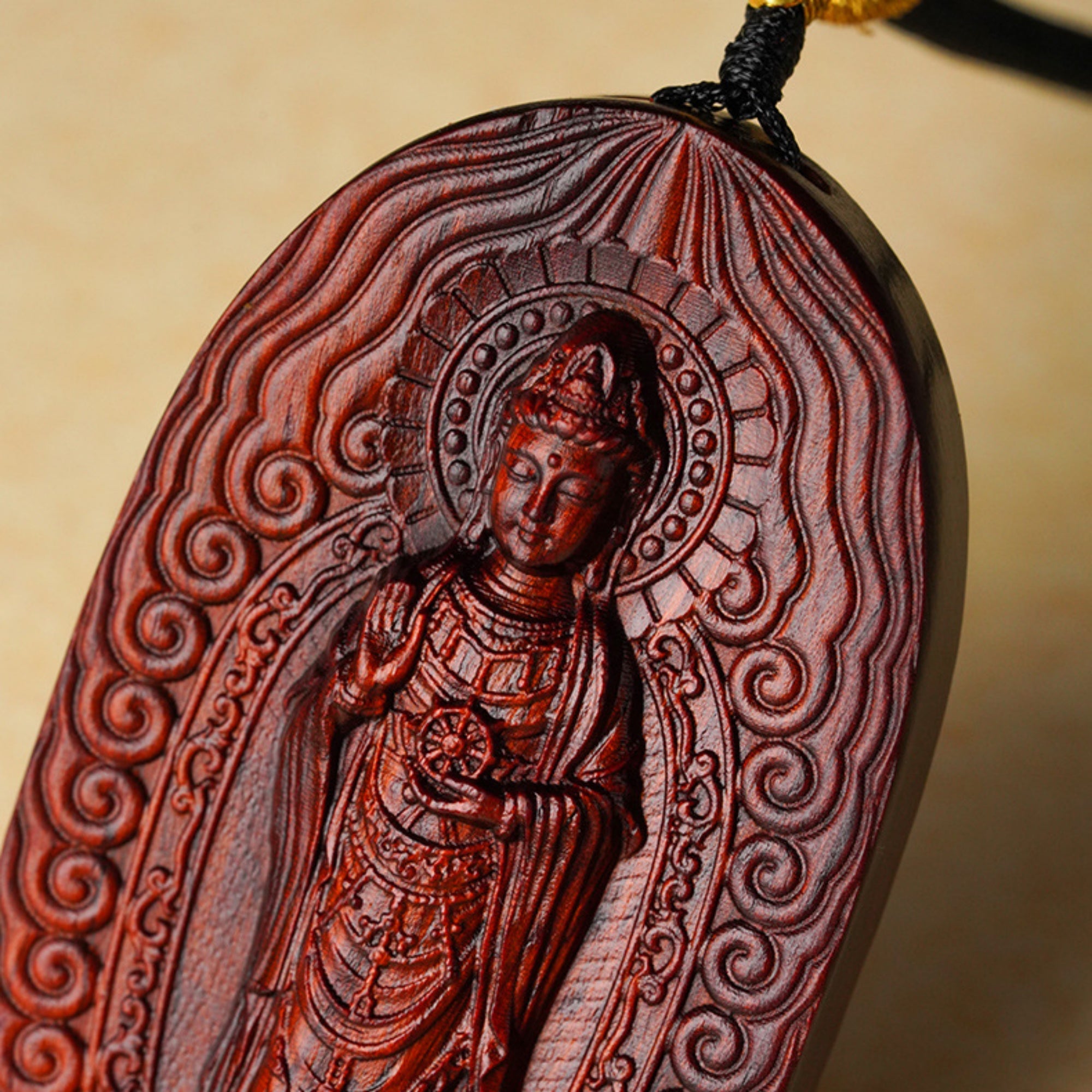 Hand-Carved Sandalwood Guanyin Pendant Amulet Necklace