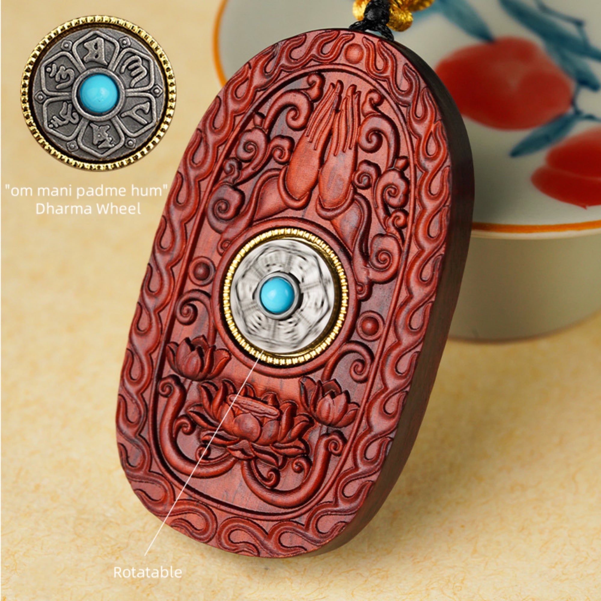 Hand-Carved Sandalwood Guanyin Pendant Amulet Necklace