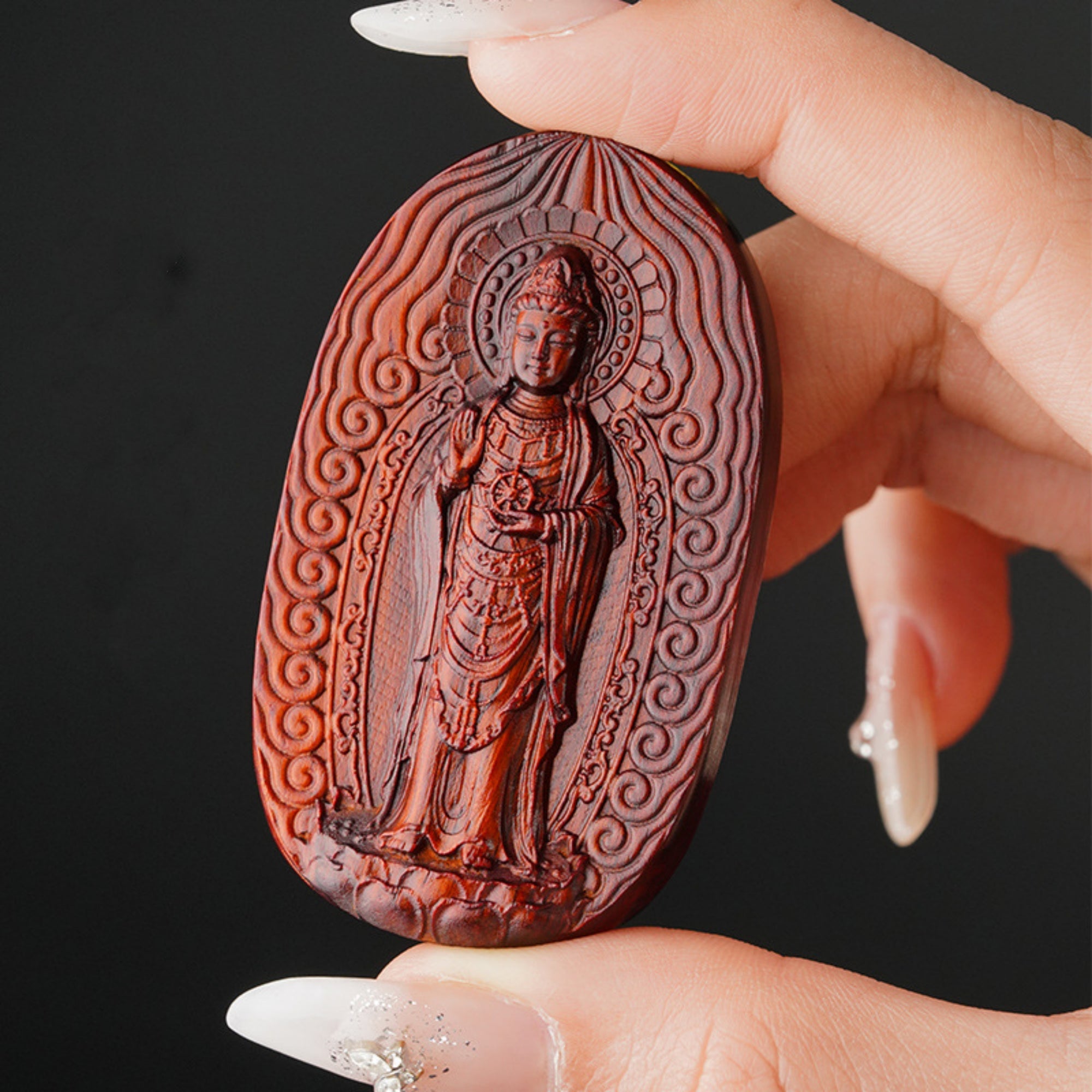 Hand-Carved Sandalwood Guanyin Pendant Amulet Necklace