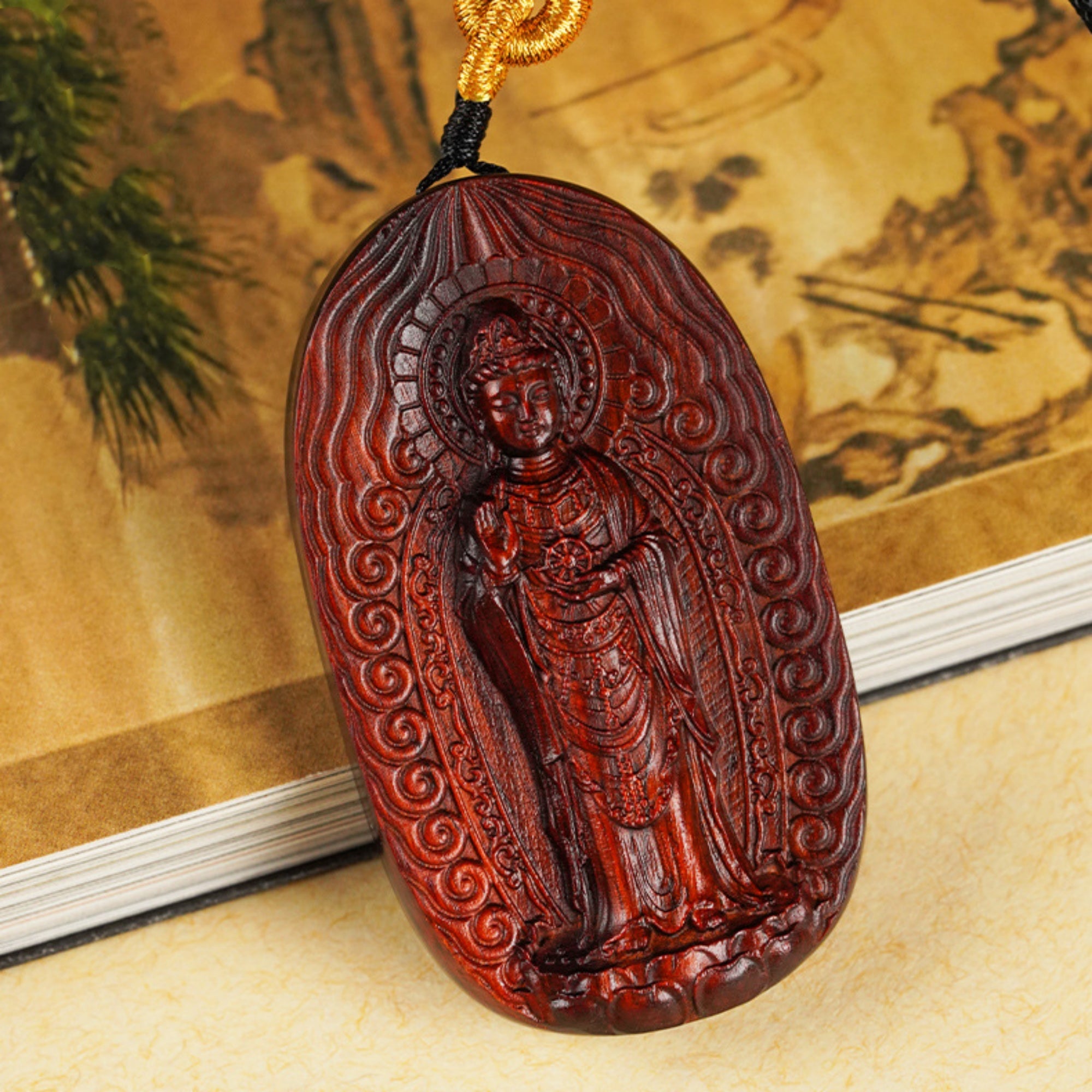 Hand-Carved Sandalwood Guanyin Pendant Amulet Necklace