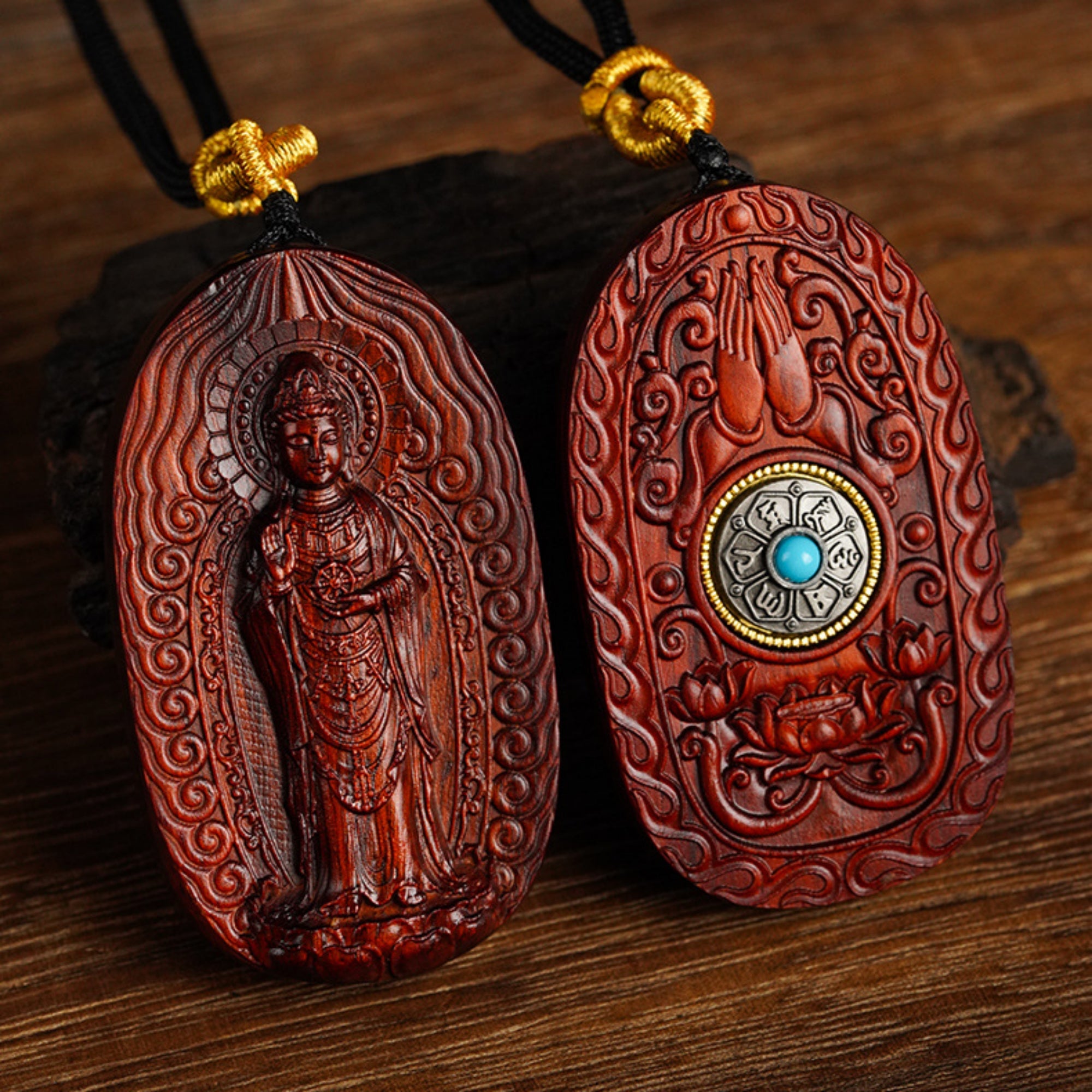 Hand-Carved Sandalwood Guanyin Pendant Amulet Necklace