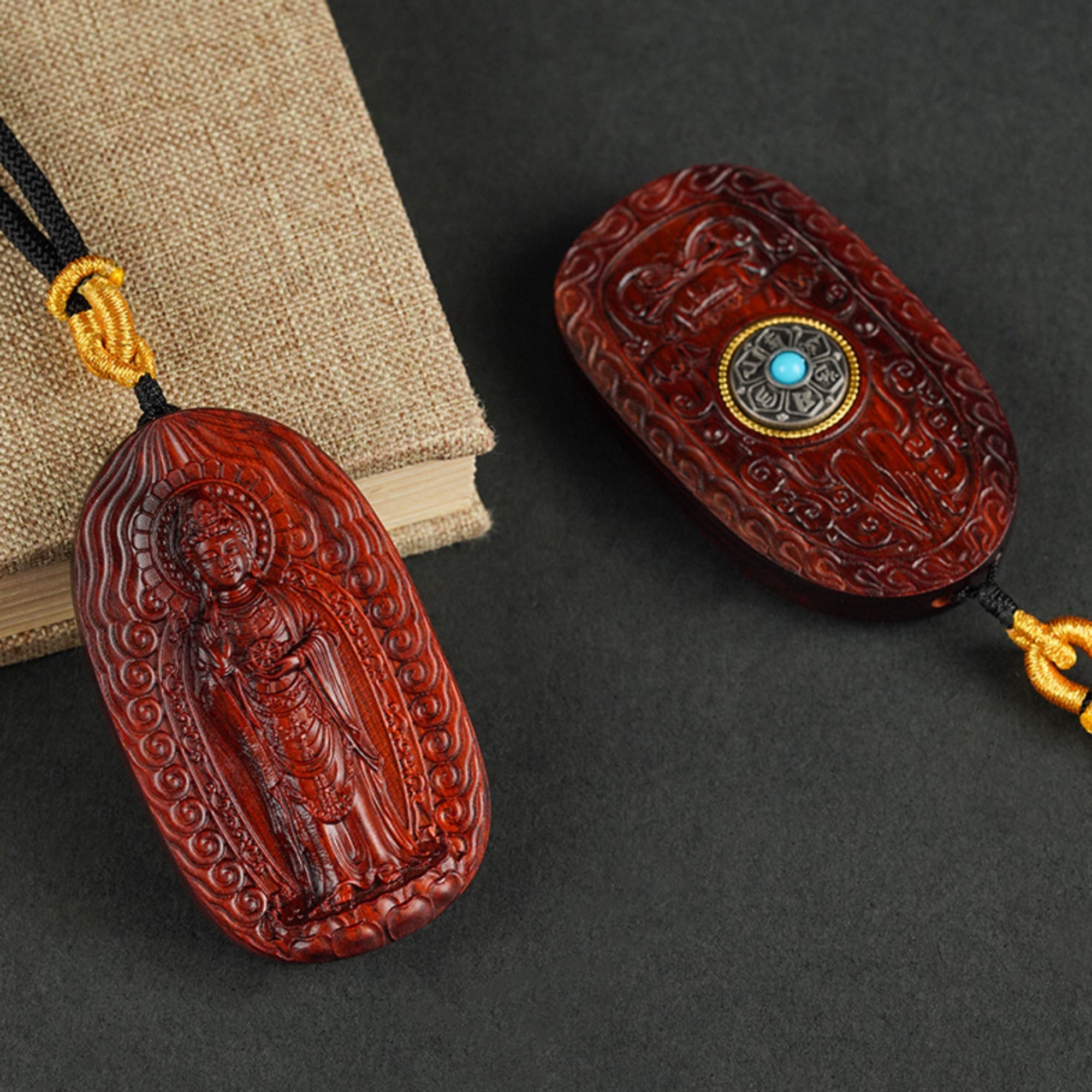 Hand-Carved Sandalwood Guanyin Pendant Amulet Necklace