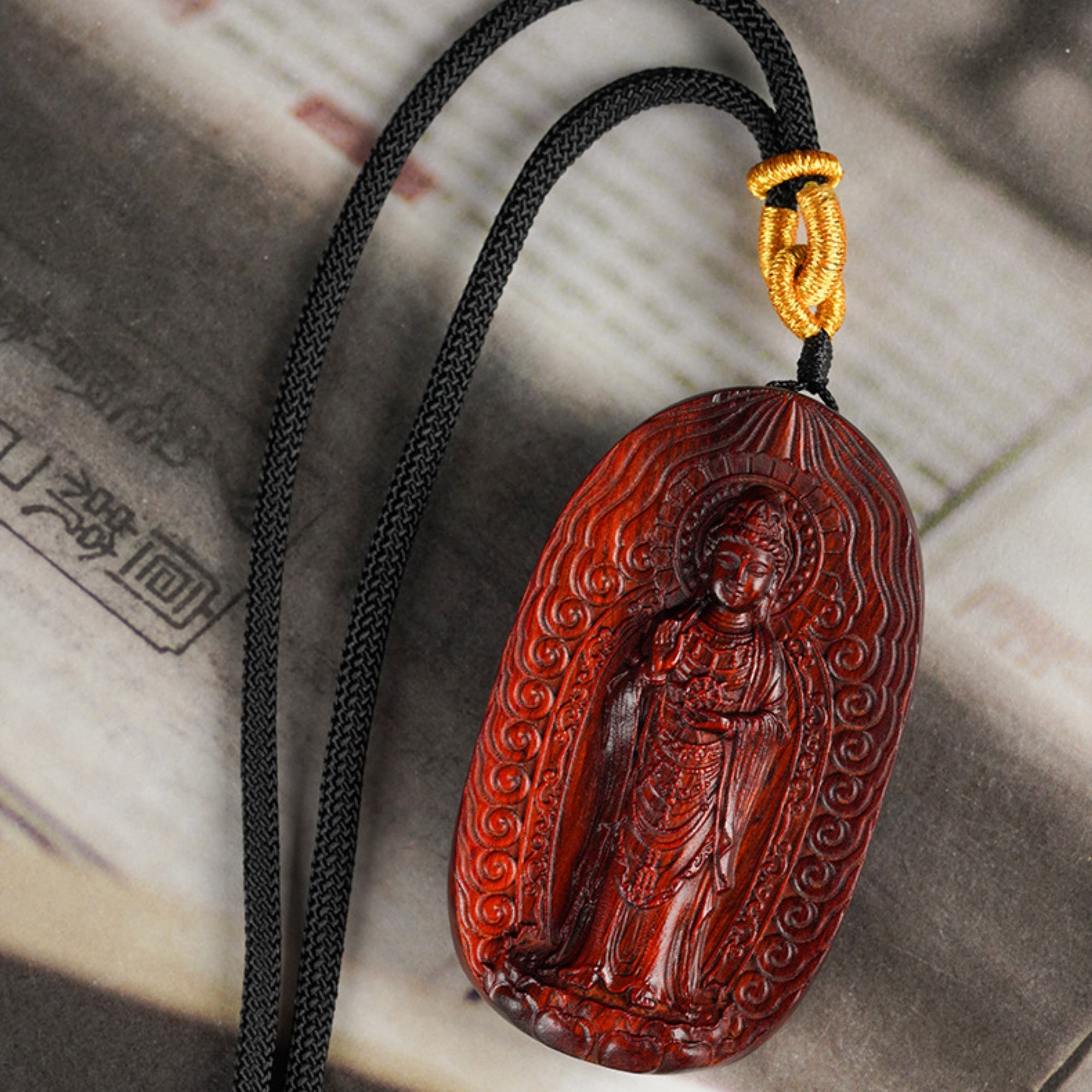 Hand-Carved Sandalwood Guanyin Pendant Amulet Necklace