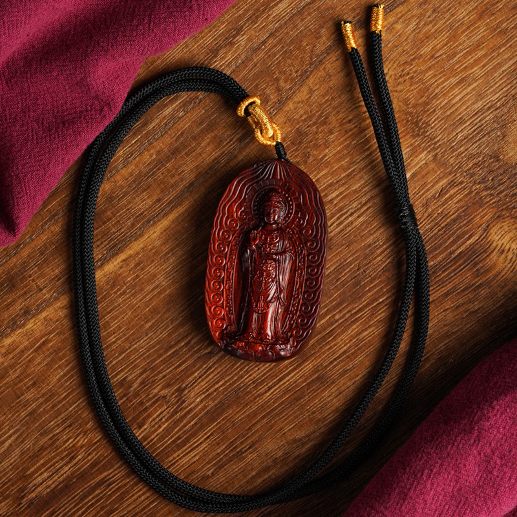 Hand-Carved Sandalwood Guanyin Pendant Amulet Necklace