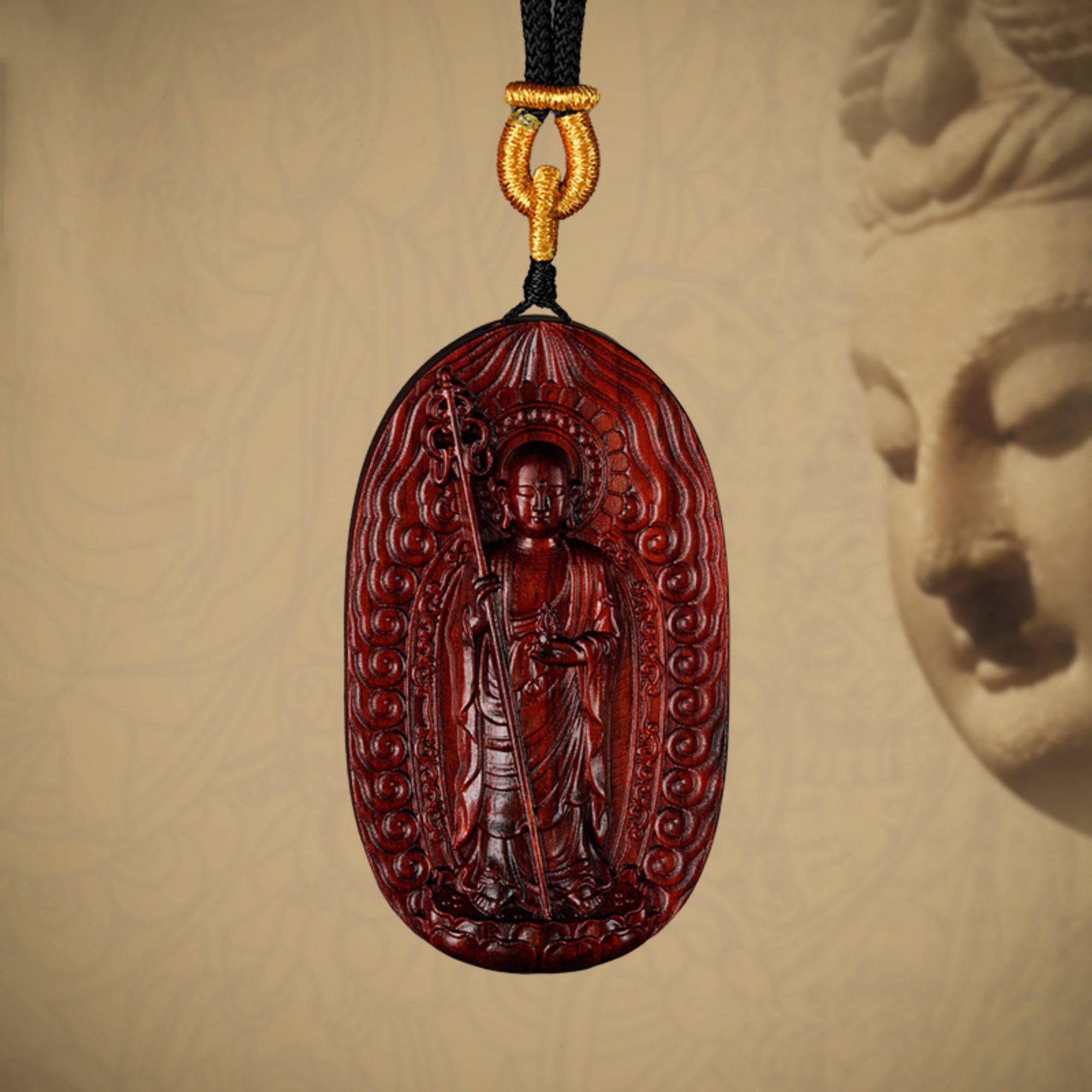 Hand-Carved Sandalwood Ksitigarbha Bodhisattva Amulet Necklace