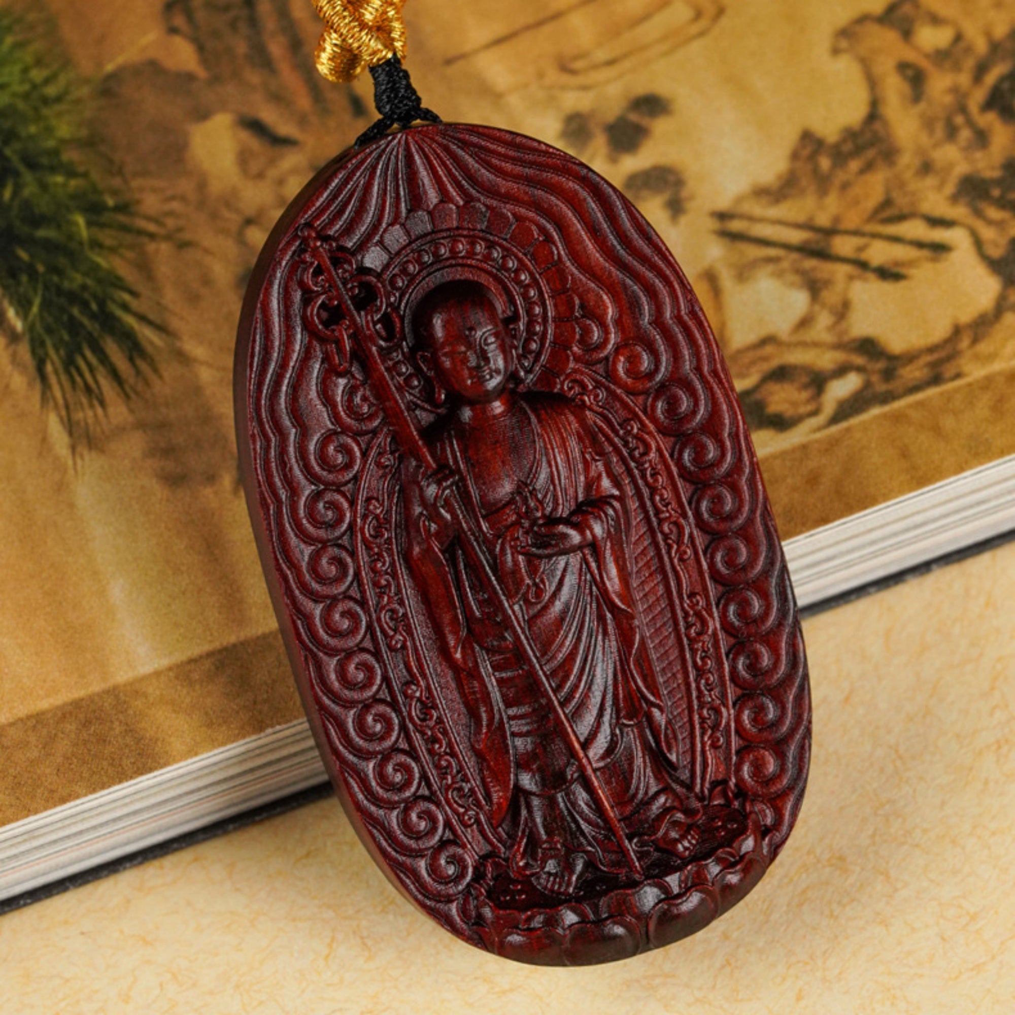 Hand-Carved Sandalwood Ksitigarbha Bodhisattva Amulet Necklace