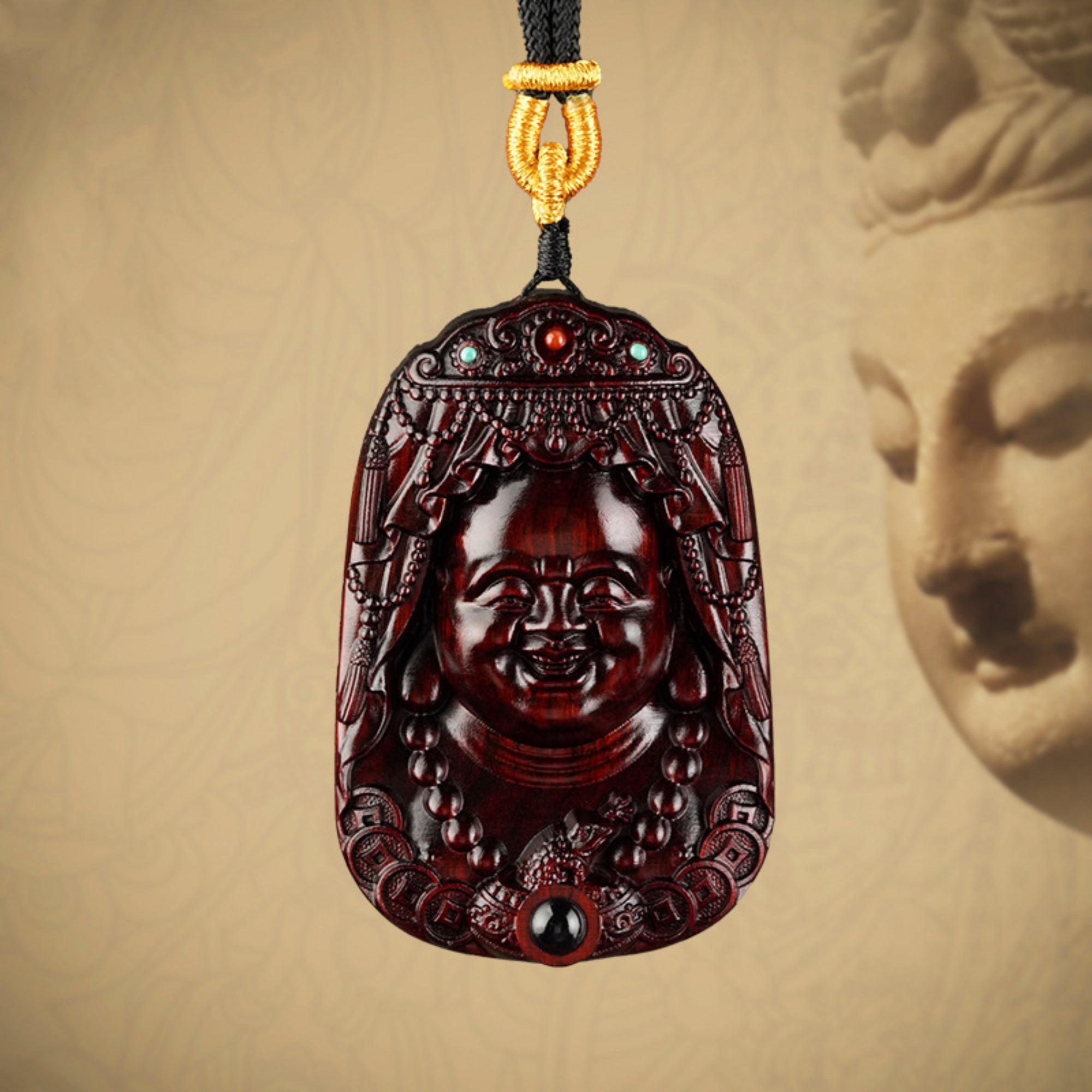 Hand-Carved Sandalwood Maitreya Buddha Amulet Necklace