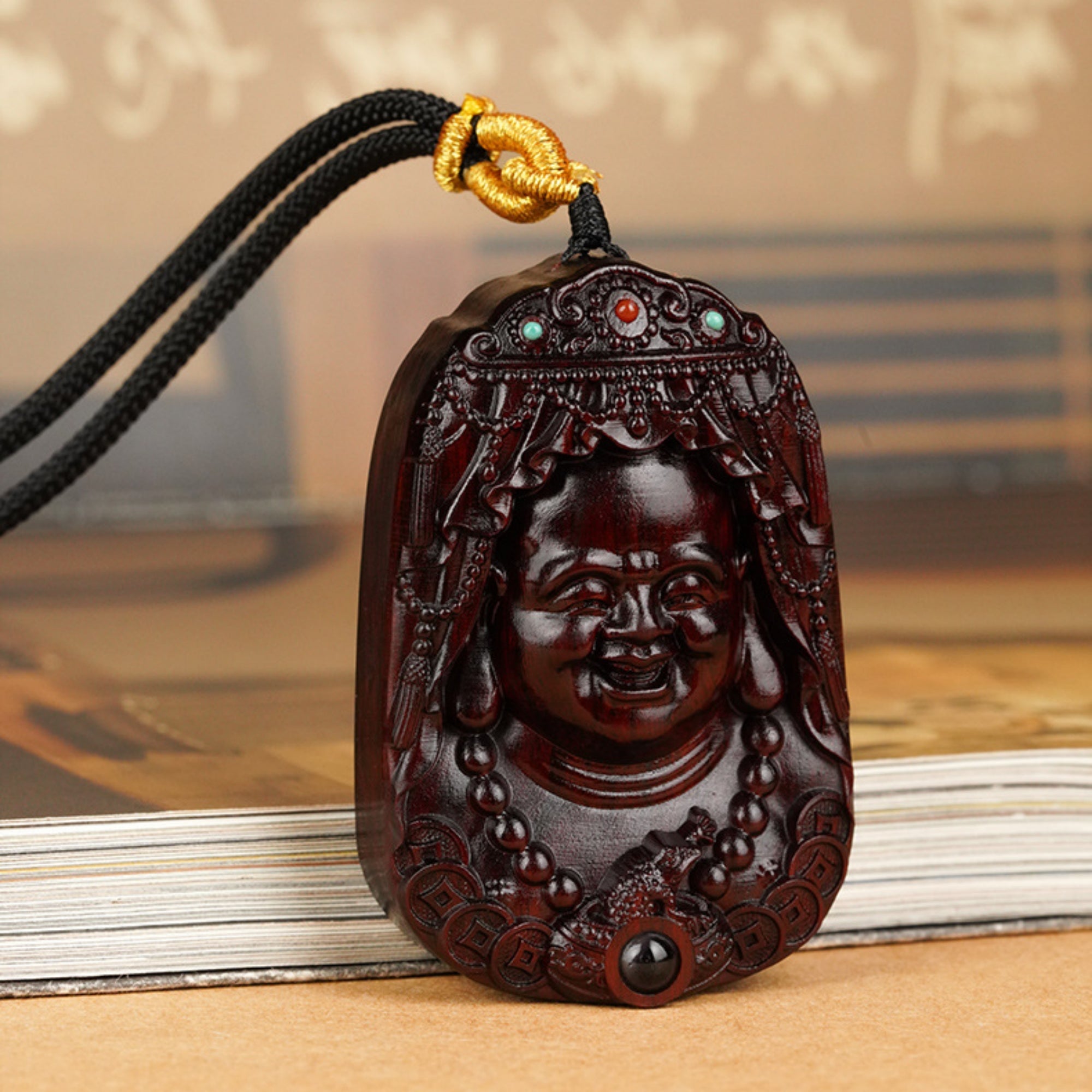 Hand-Carved Sandalwood Maitreya Buddha Amulet Necklace