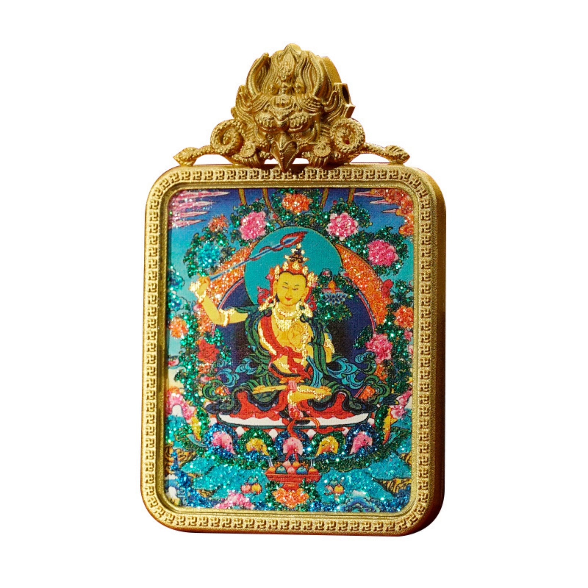 QiLing Aura Handcrafted Colored Sand Brass Thangka Buddha Pendant Necklace