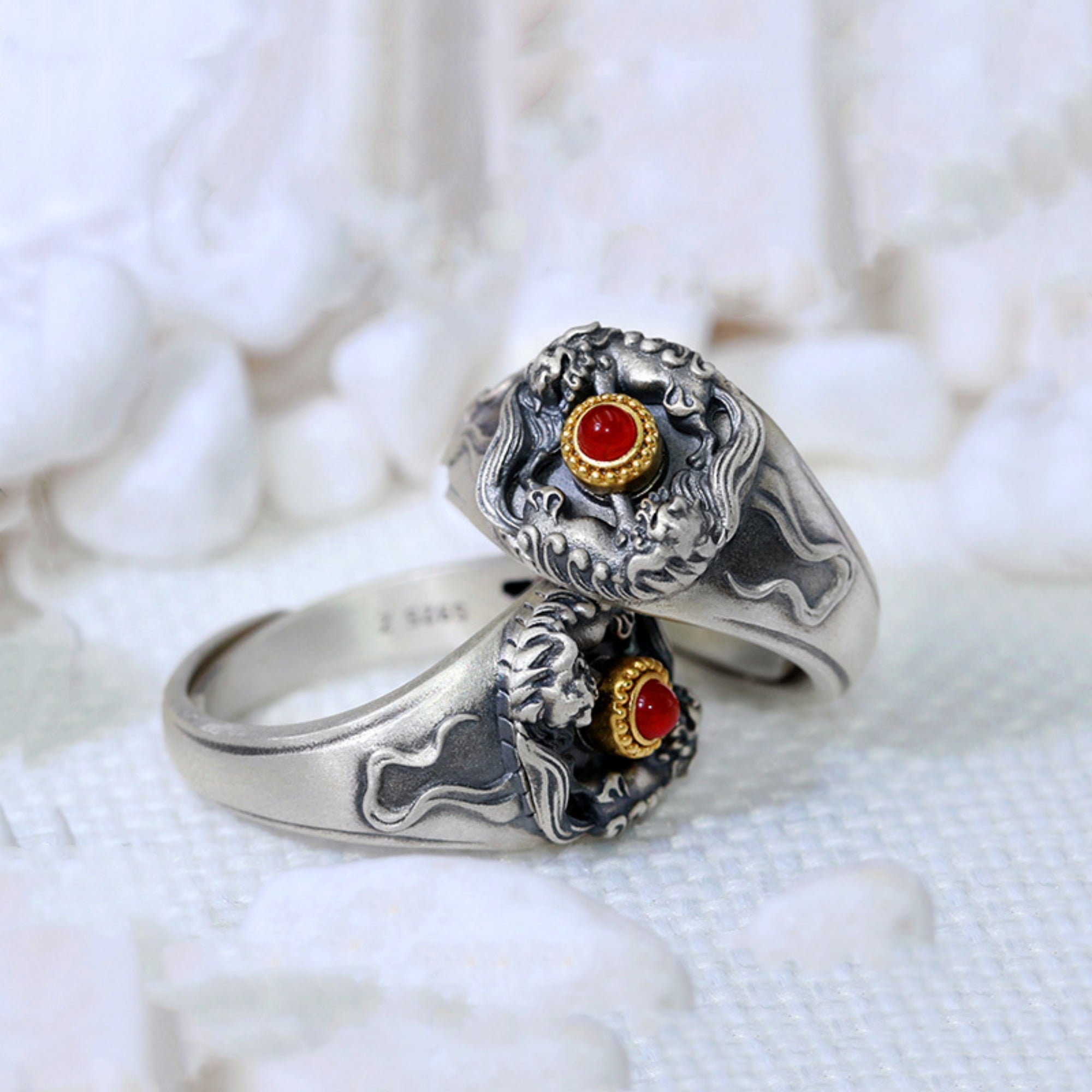 Tibetan Snow Lion Ruby Sterling Silver Ring