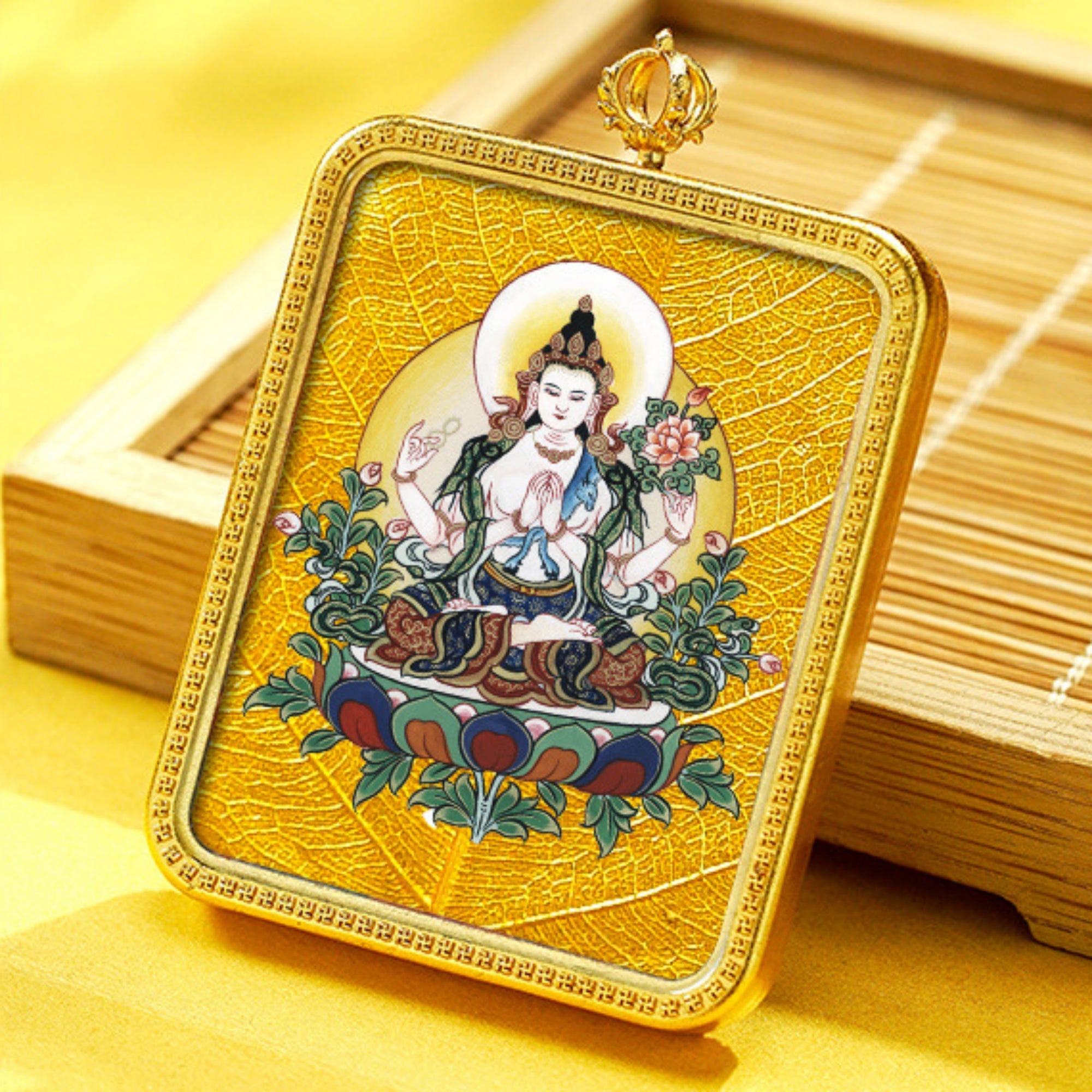 QiLing Aura Hand-Painted Brass Tibetan Thangka Pendant Necklace Amulet