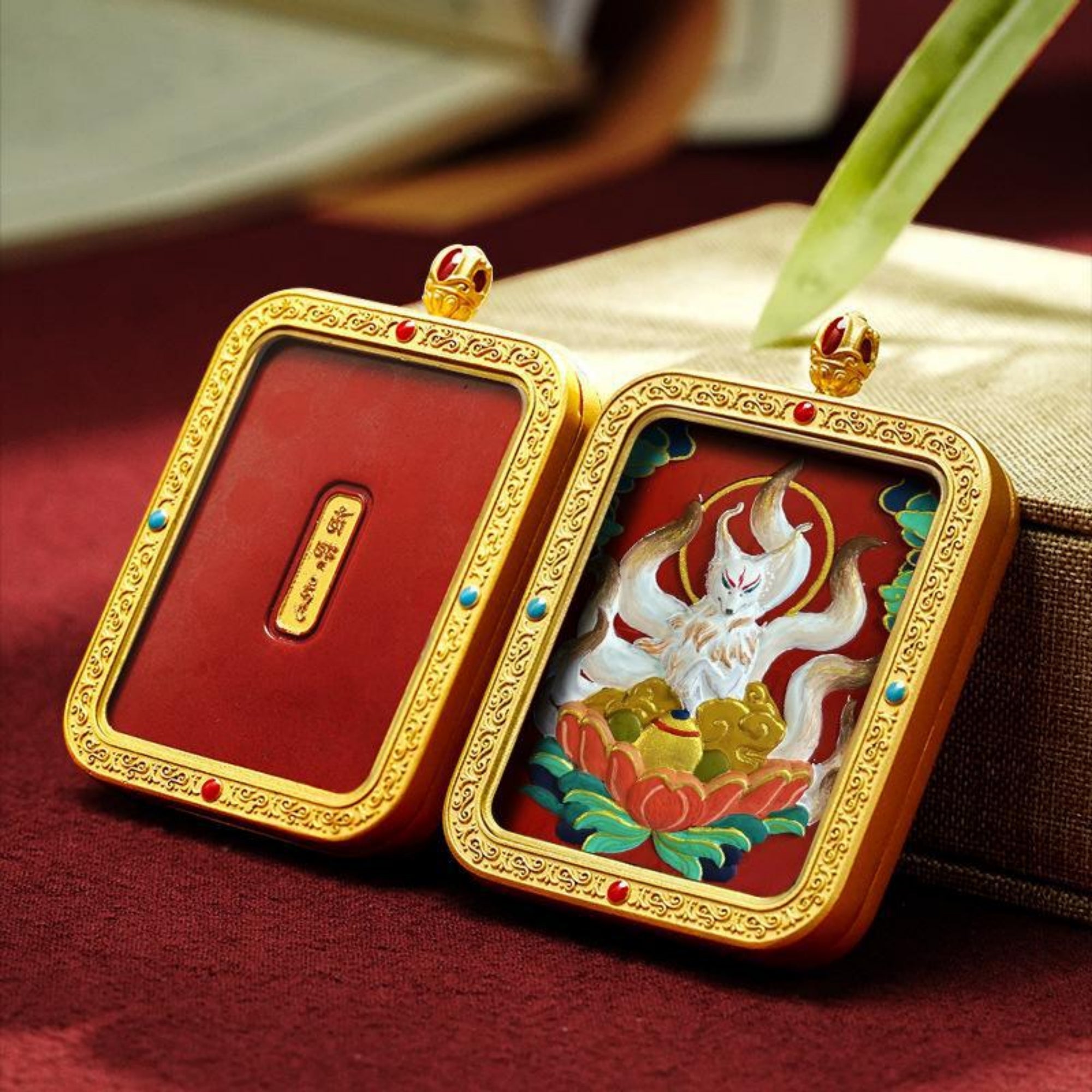 QiLing Aura Hand-Painted Thangka Red Sand Brass Pendant Necklace (Ga Wu Box)