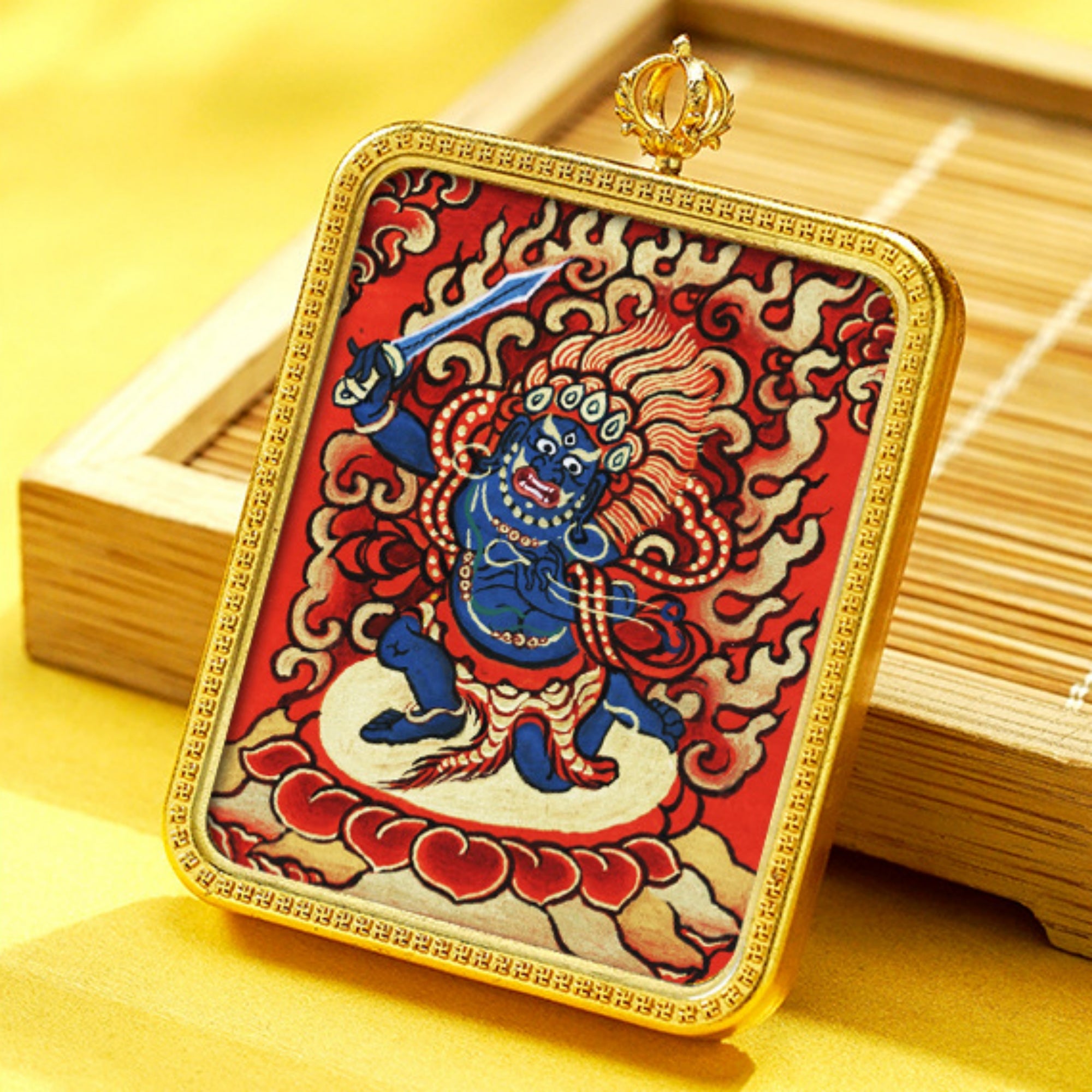 QiLing Aura Hand-Painted Brass Tibetan Thangka Pendant Necklace Amulet