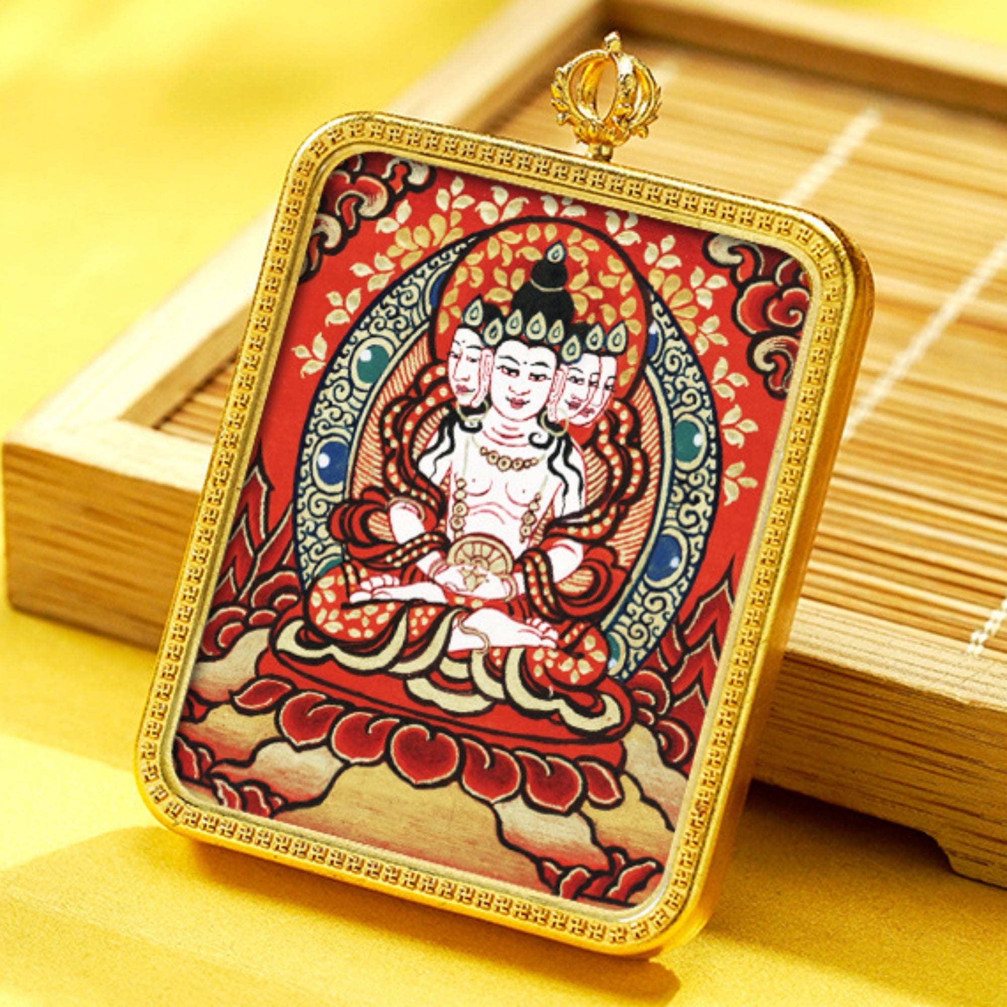 QiLing Aura Hand-Painted Brass Tibetan Thangka Pendant Necklace Amulet