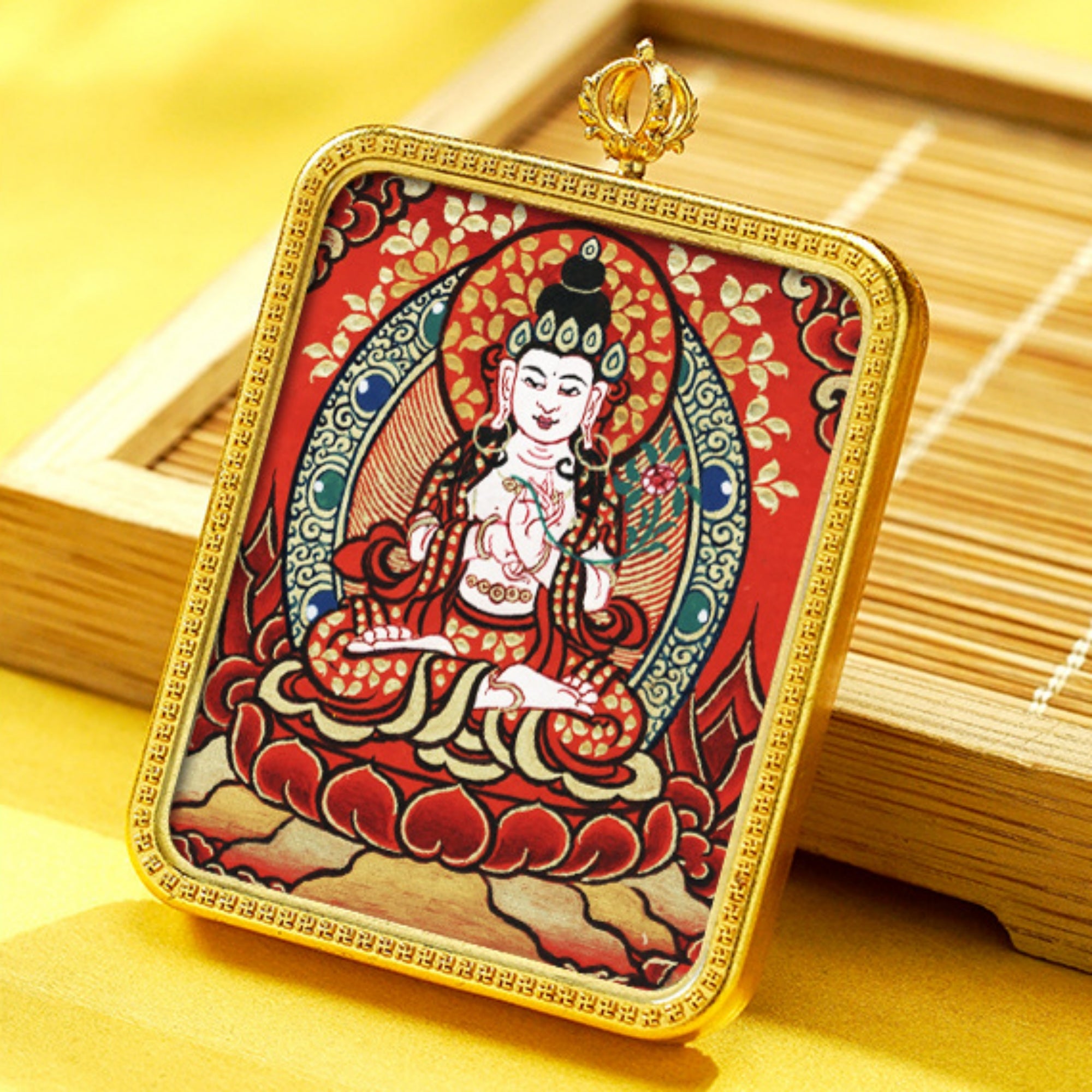 QiLing Aura Hand-Painted Brass Tibetan Thangka Pendant Necklace Amulet