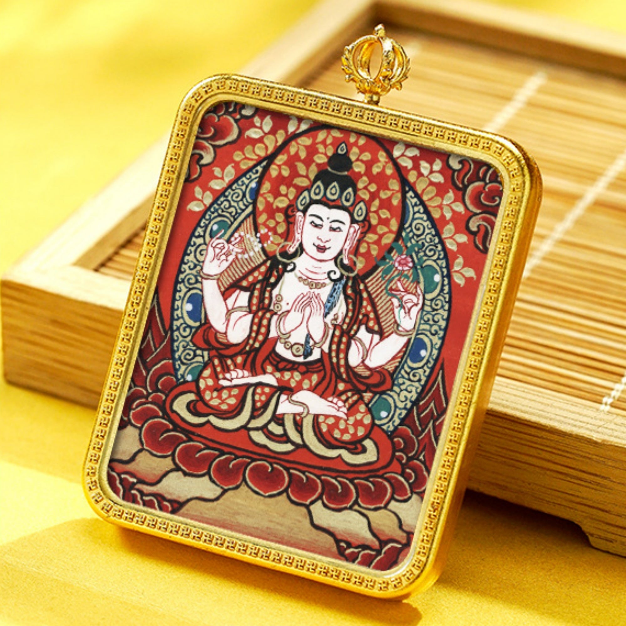 QiLing Aura Hand-Painted Brass Tibetan Thangka Pendant Necklace Amulet