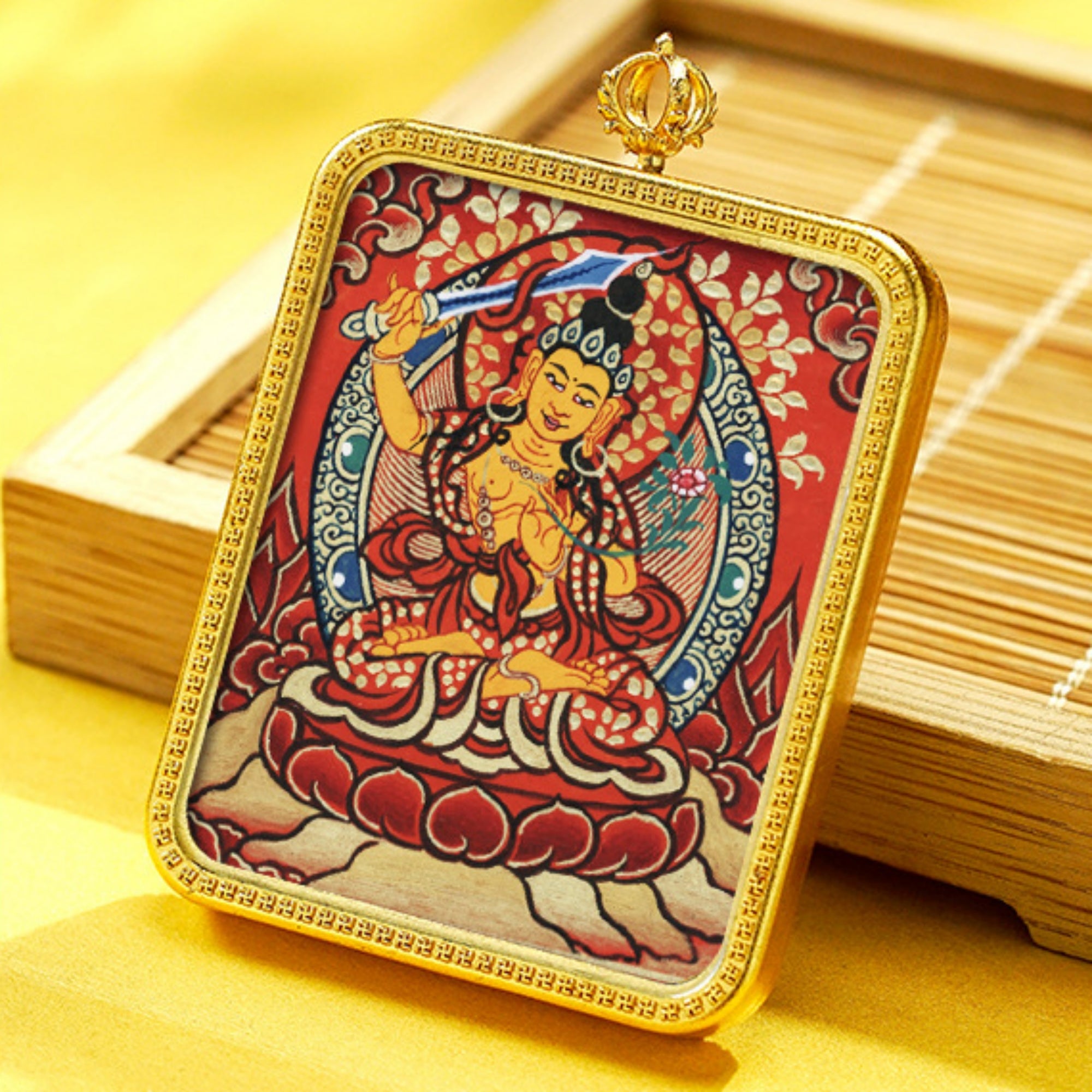 QiLing Aura Hand-Painted Brass Tibetan Thangka Pendant Necklace Amulet