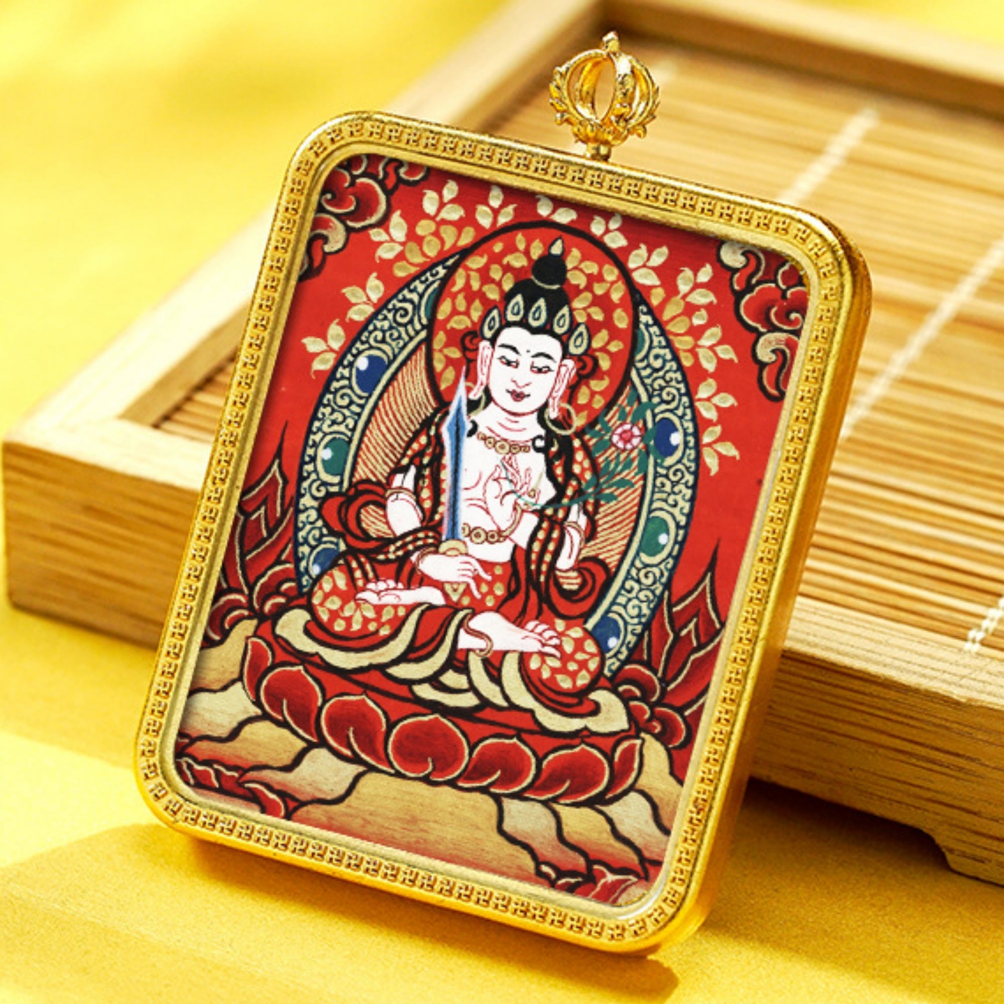 QiLing Aura Hand-Painted Brass Tibetan Thangka Pendant Necklace Amulet