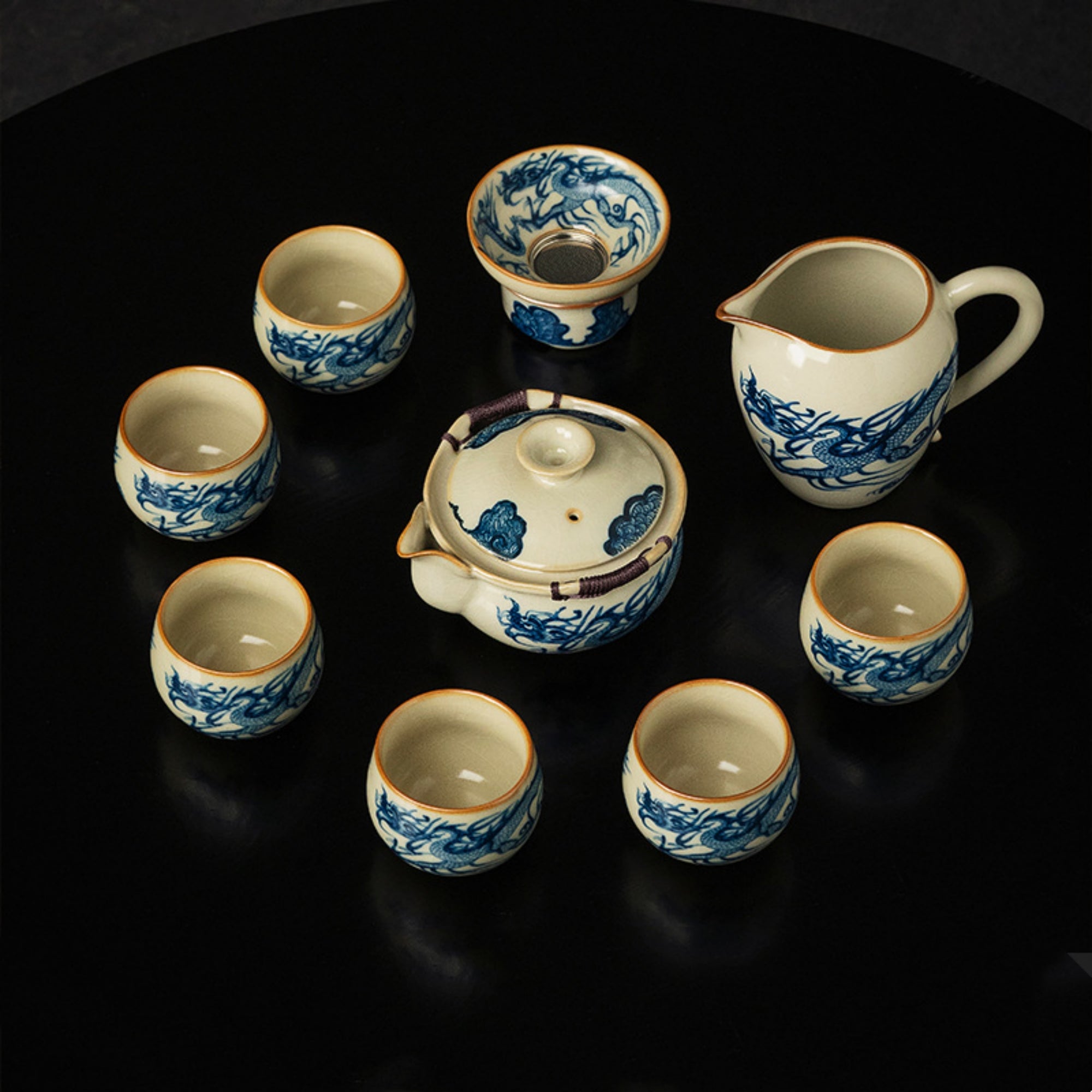 QiLing Aura Ru Kiln Blue and White Porcelain Dragon Pattern Tea Set