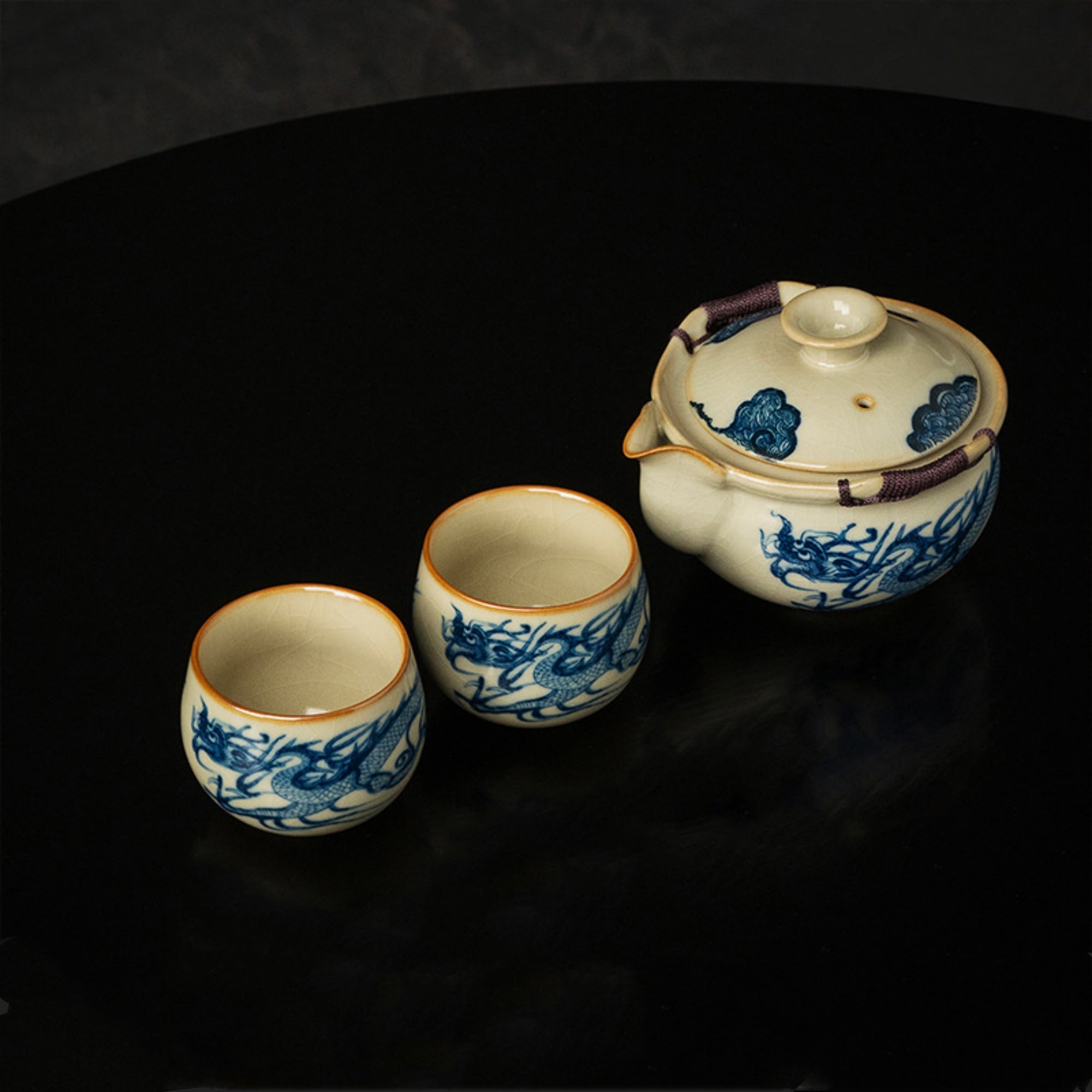 QiLing Aura Ru Kiln Blue and White Porcelain Dragon Pattern Tea Set