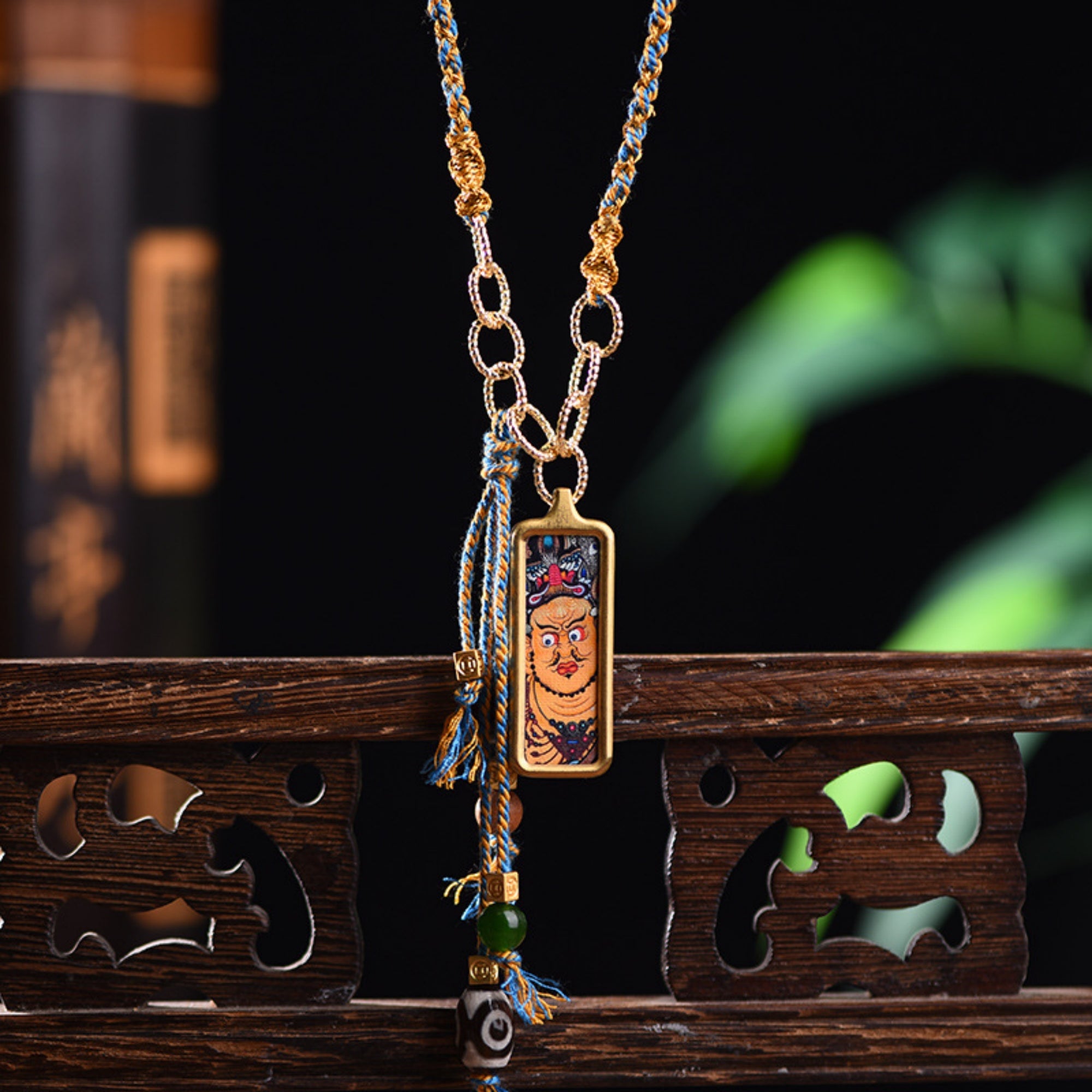 Tibetan Hand-Painted Yellow Wealth Deity Thangka Necklace