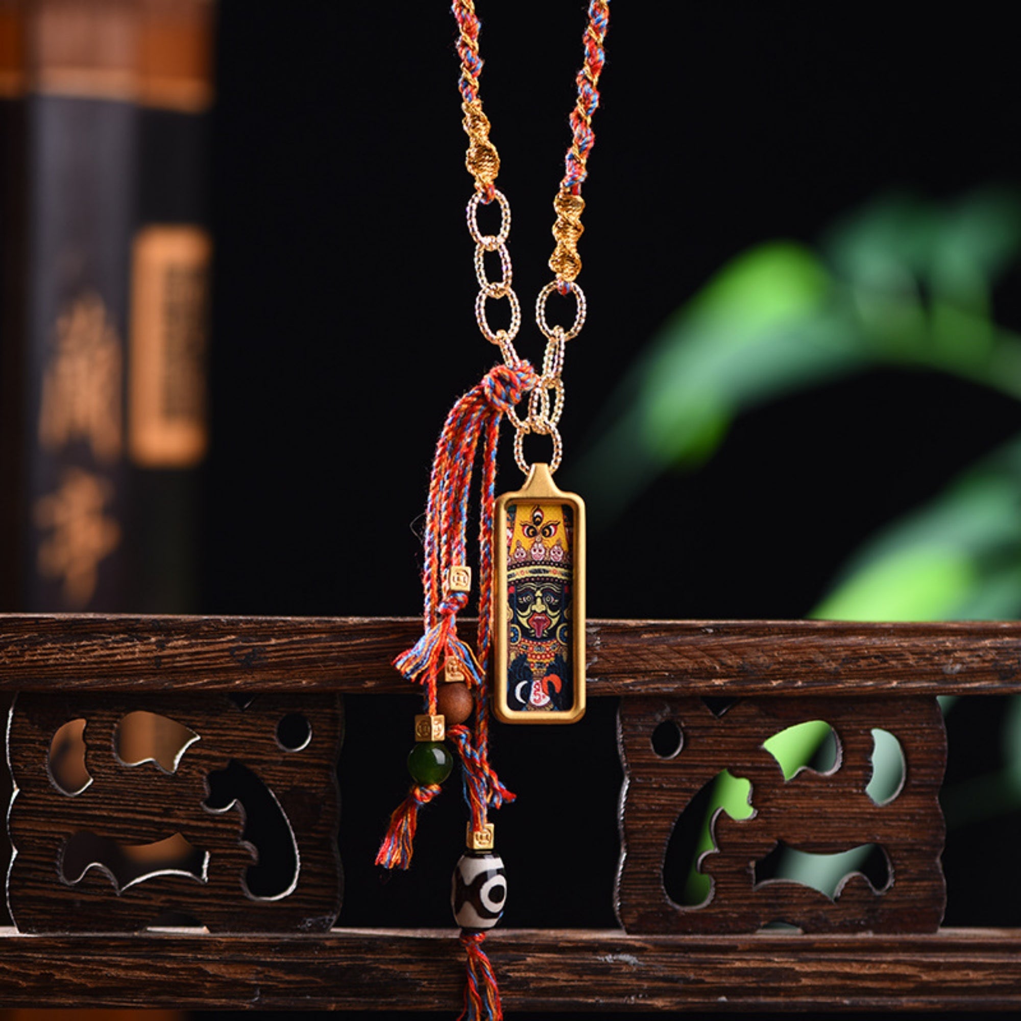 Tibetan Hand-Painted Yellow Wealth Deity Thangka Necklace